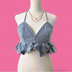 Striped Ruffle Crop Top in Blue and White